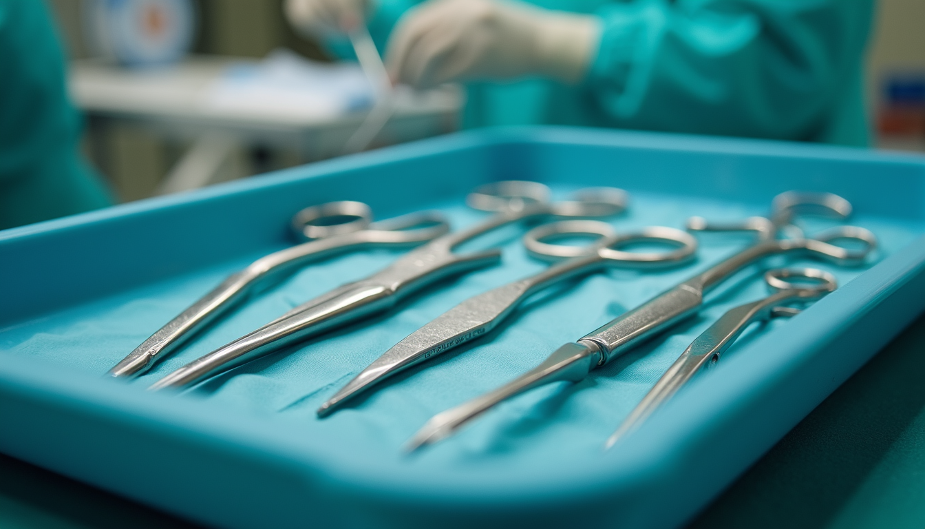 Close-up view of surgical instruments arranged neatly on a sterile tray
